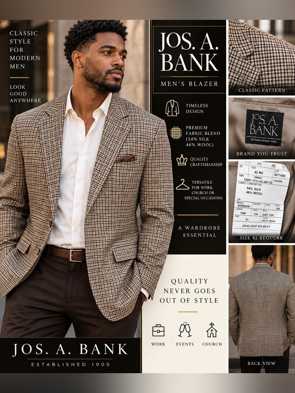 Jos. A. Bank Men's Tan Houndstooth Blazer size 42 Reg